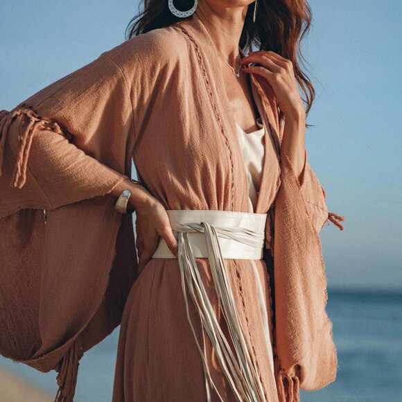 Aya Sacred Wear Boho Kimono Cover Wide Sleeve Cape Tassel Organic Sustainable - Picture 5 of 8